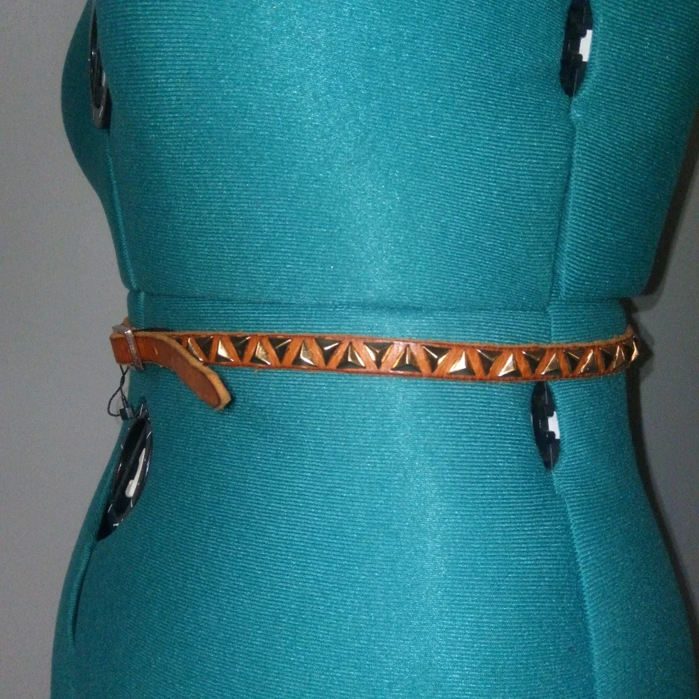 Mango Pyramid Studded Vegan Leather Belt Sz M in Saddle Brown NWOT